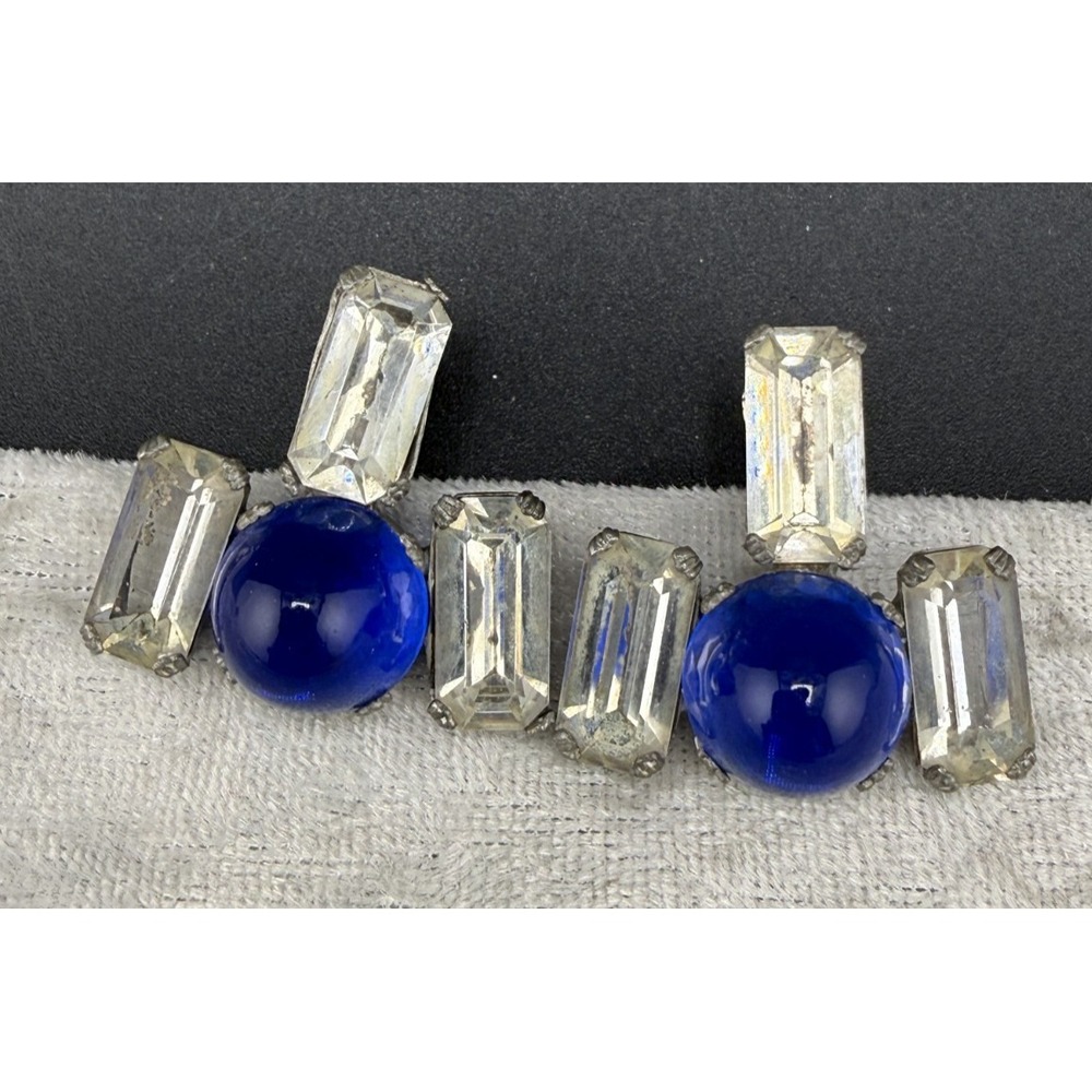 Vintage Clip On Earrings Blue Faux Pearls Clear Rhinestone Silver Tone Upcycled